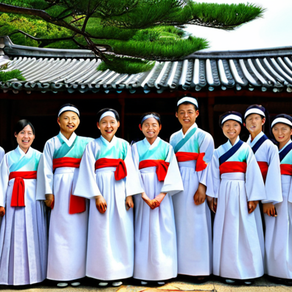 **

"A group of fully clothed Korean families celebrating Korean New Year (Seollal) in Dominica. They are wearing modest, traditional Hanboks and performing the Sebae bow to elders. Tteokguk is served.  Safe for work, appropriate content, family-friendly, perfect anatomy, natural proportions, high quality, professional photography. The background shows a blend of Dominican and Korean decorations."

**