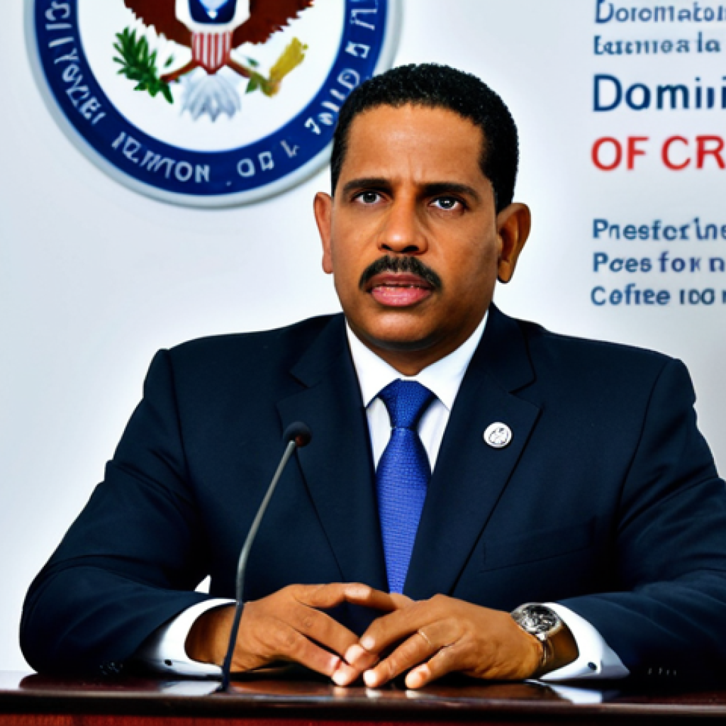 "Dominican government official giving a press conference on climate resilience, addressing a concerned audience, fully clothed, appropriate attire, safe for work, perfect anatomy, natural proportions, professional photography, high quality, serious tone"