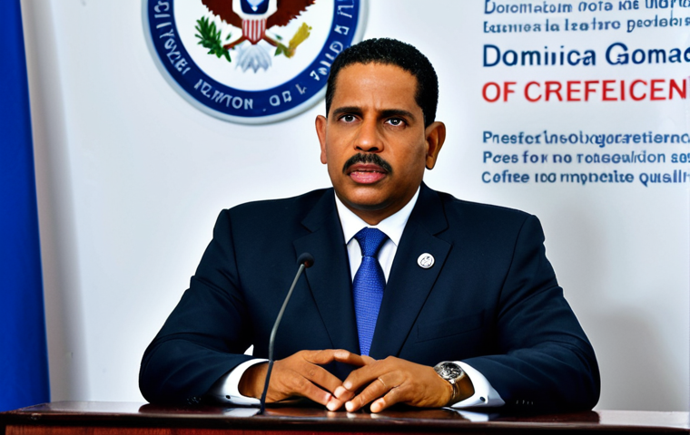 "Dominican government official giving a press conference on climate resilience, addressing a concerned audience, fully clothed, appropriate attire, safe for work, perfect anatomy, natural proportions, professional photography, high quality, serious tone"