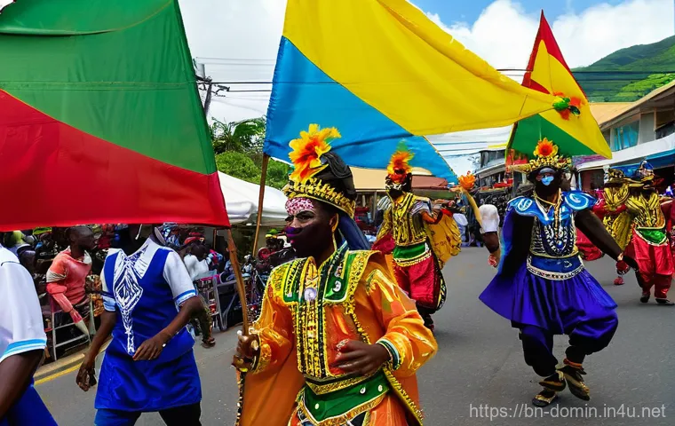 도미니카 연방의 전통 축제 - **Dominica Carnival: "The Real Mas" Street Parade**
    A vibrant and dynamic street parade scene in...